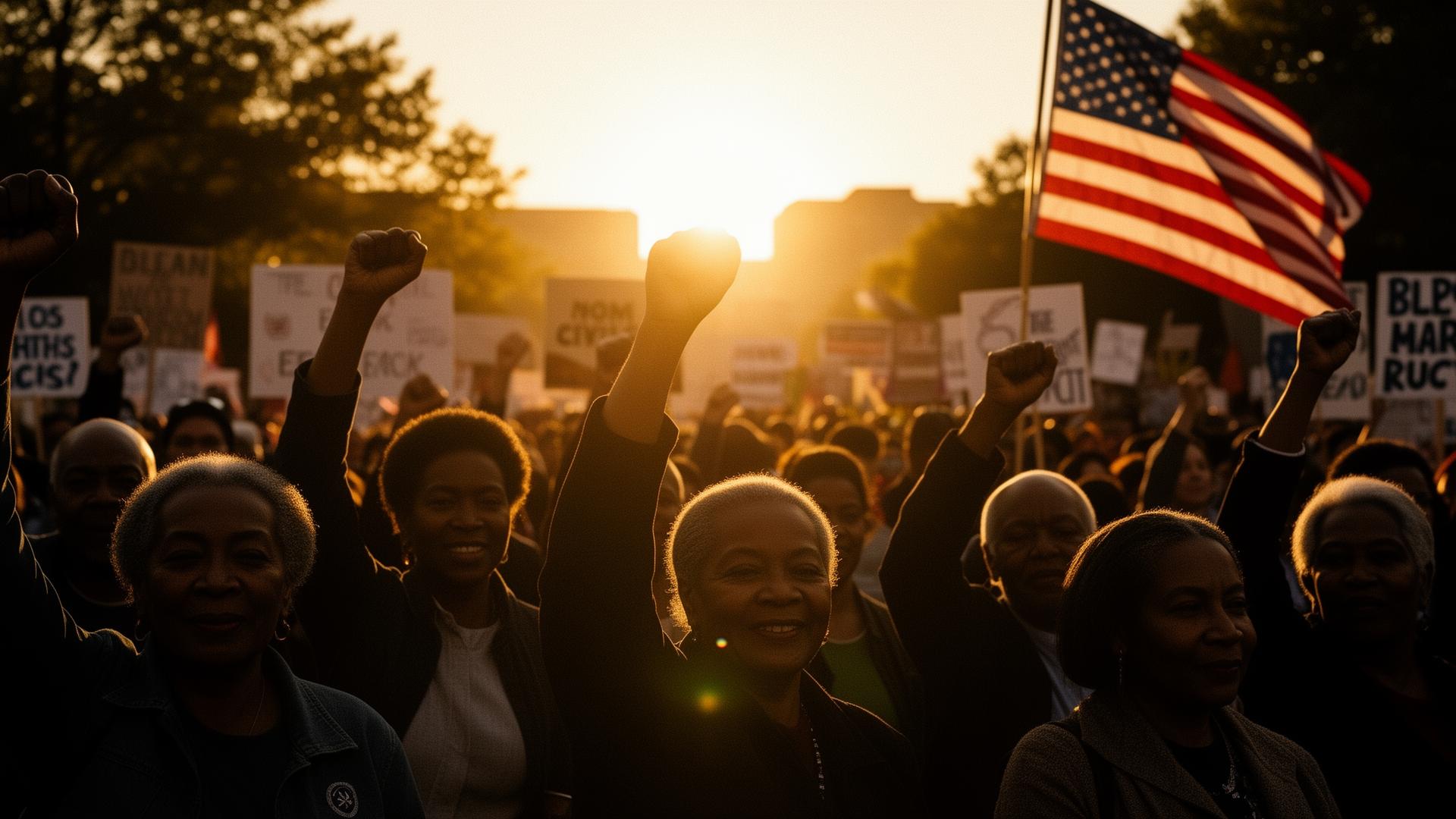 Multigenerational crowd raising fists at a civil rights march at golden hour